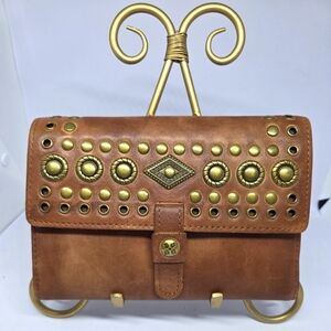Patricia Nash Brown 100% Leather Antique Gold Studded Leather Trifold Wallet